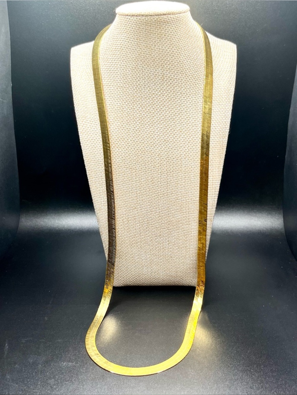 Long Flat Herringbone-Style Gold Chain Necklace. 1980s vintage marked DM